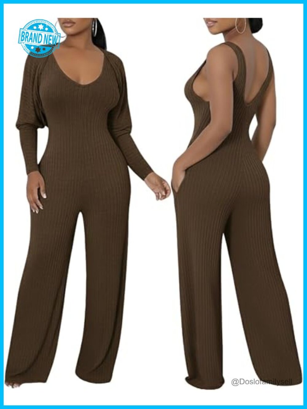 Ribbed Knitted 2 Piece Outfits Set Cardigan and Wide Leg Jumpsuit with Pockets